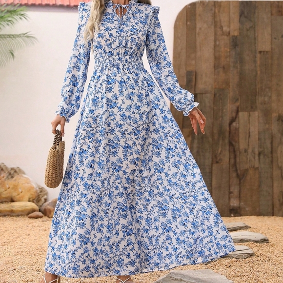 Women's Floral Printed Self-Tie Neckline Dress
